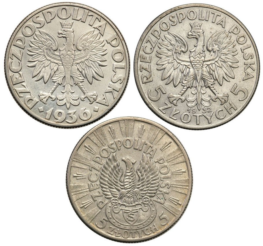 II RP. Zestaw 3 szt 5 złotych 1932 Głowa kobiety, 1934 Piłsudski, 1936 Żaglowiec